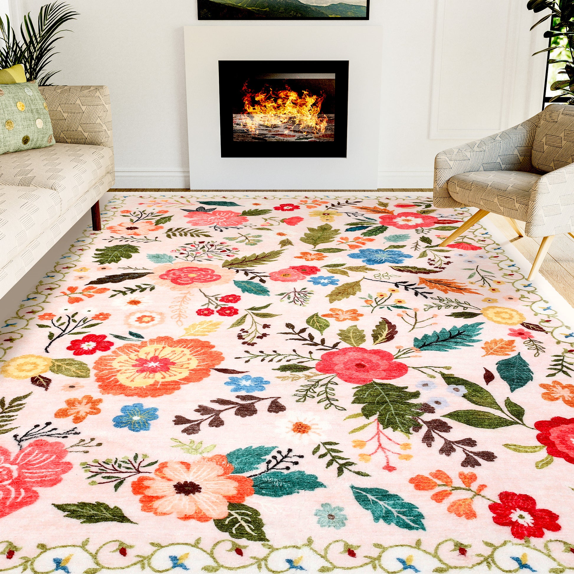 Lalado Floral Area Rugs, 8ft x 10ft Washable Area Rugs for Living Room Bedroom Kitchen Indoor Home Decor, Non-Slip Carpet