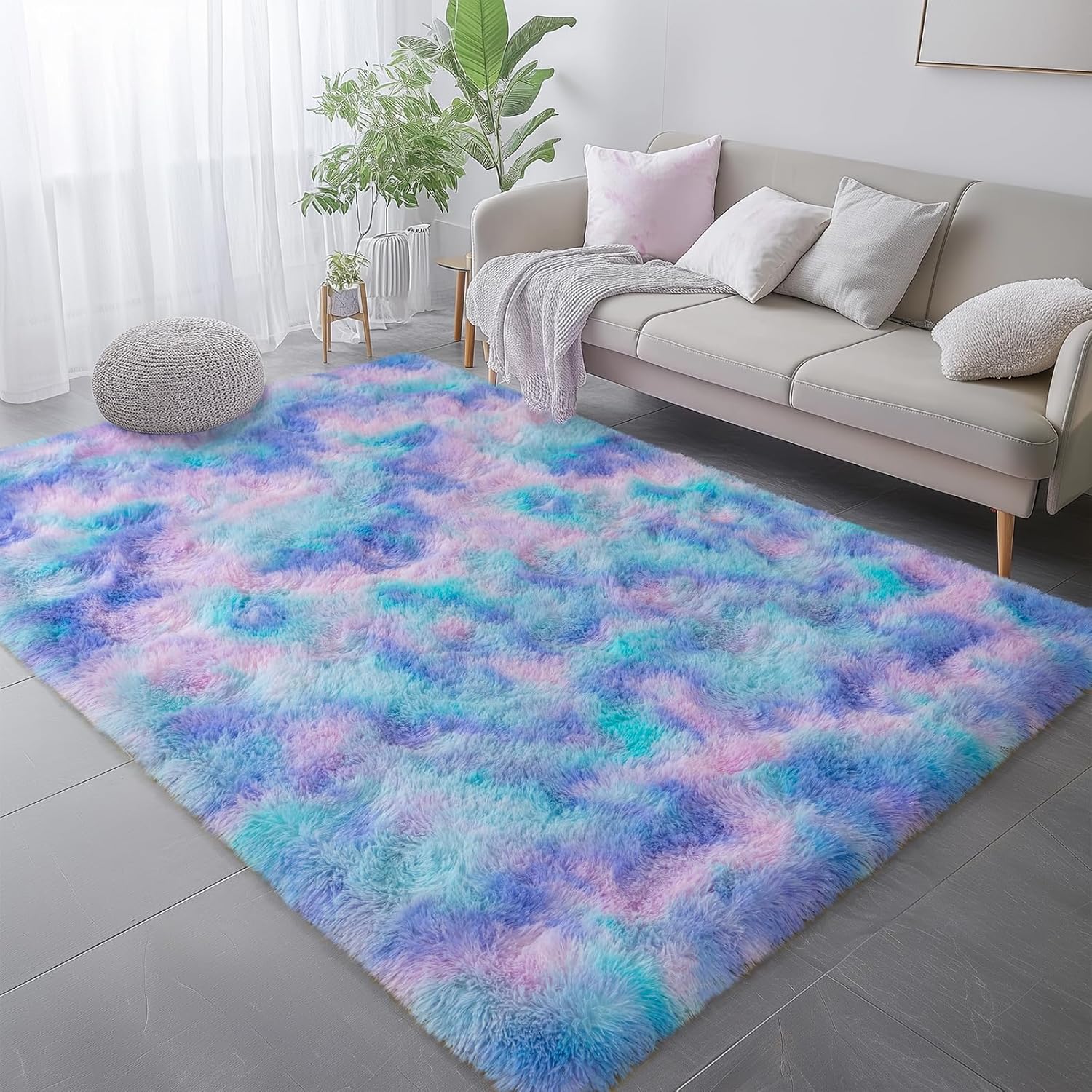Lalado 8ft x 10ft Shag Area Rug, Soft Fluffy Carpet for Living Room Bedroom, Indoor Home Decor, Tie-Dye Multicolor Rainbow