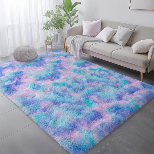 Lalado 8ft x 10ft Shag Area Rug, Soft Fluffy Carpet for Living Room Bedroom, Indoor Home Decor, Tie-Dye Multicolor Rainbow
