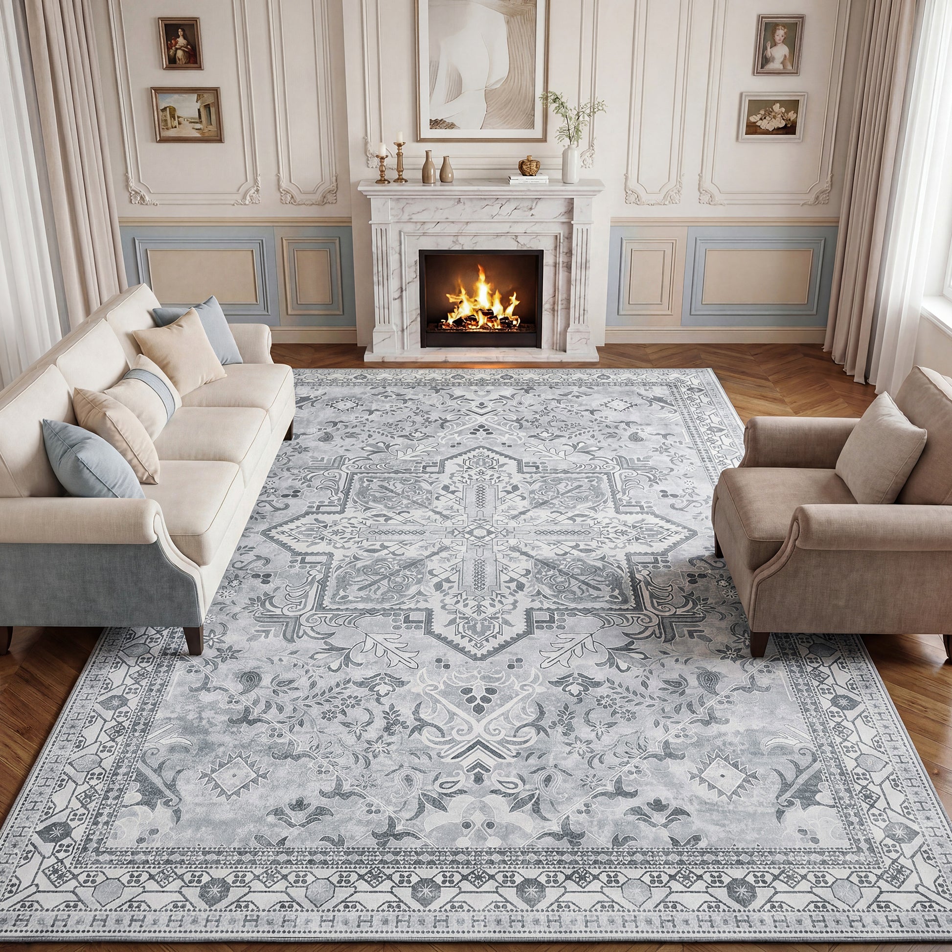 Lalado 5ft x 8ft / 8ft x10ft Area Rugs for Living Room Washable Rugs Boho Floral Carpet Soft Low Pile Non-Slip Rug for Bedroom Dining Room Indoor Vintage Home Decor