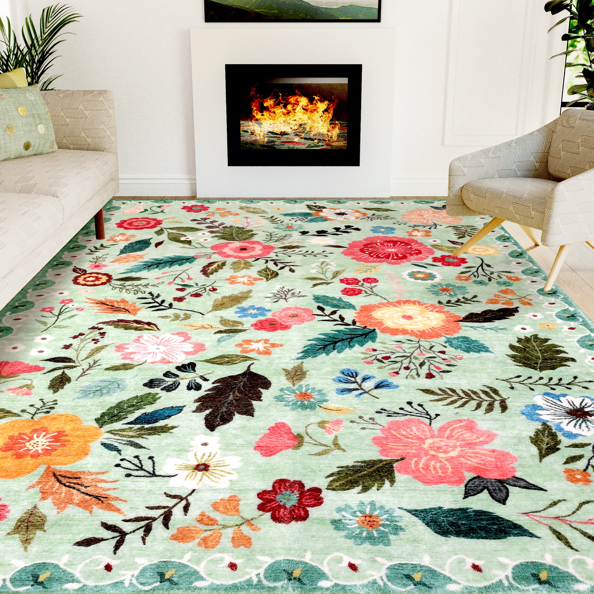 Lalado Floral Area Rugs, 8ft x 10ft Washable Area Rugs for Living Room Bedroom Kitchen Indoor Home Decor, Non-Slip Carpet