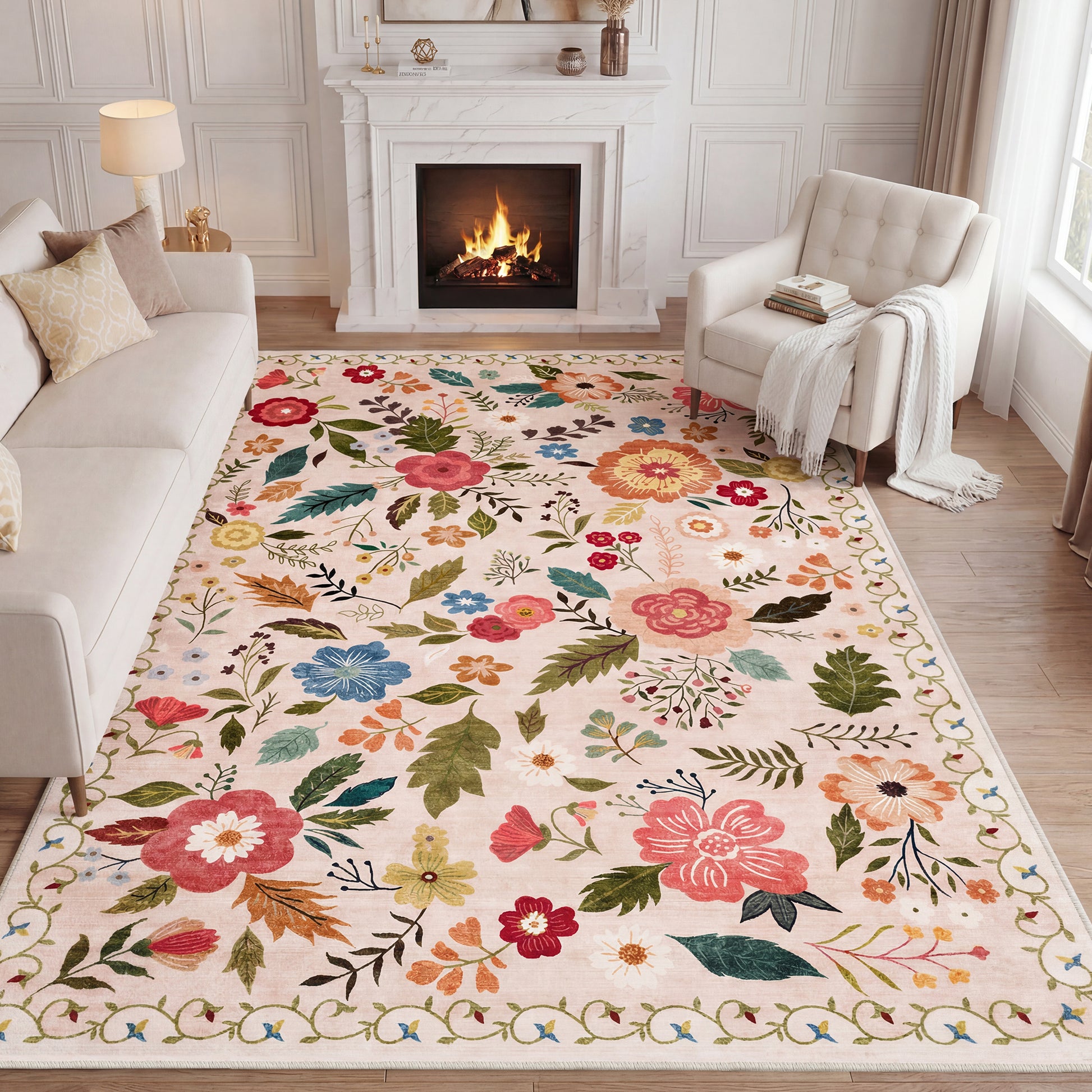 Lalado 5ft x 8ft / 8ft x10ft Area Rugs for Living Room Washable Rugs Boho Floral Carpet Soft Low Pile Non-Slip Rug for Bedroom Dining Room Indoor Vintage Home Decor